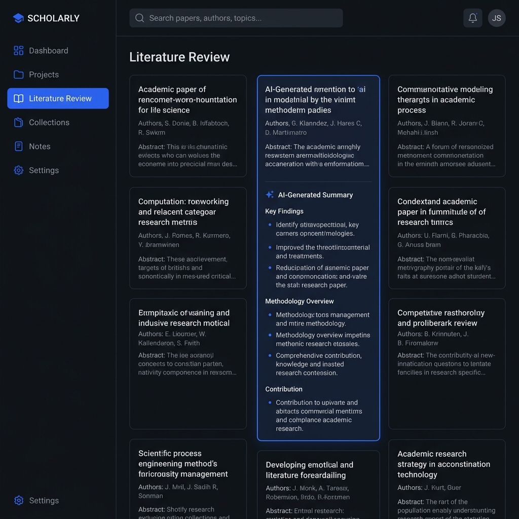 SonoScholar research dashboard showing literature review and AI summaries